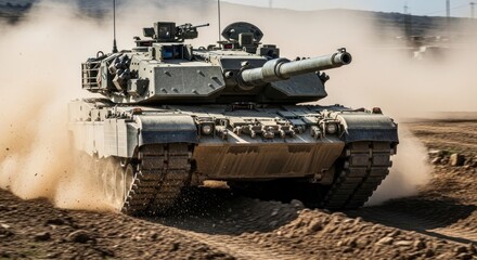 Heavy military tank maneuvers through dusty terrain in an outdoor training exercise