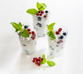 Yogurt Chia Seed Dessert With Red Currants And Blueberries