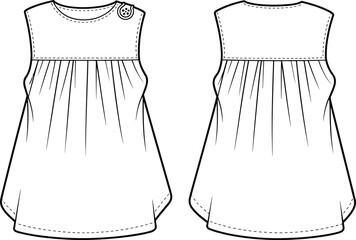 Sleeveless yoke dress flat sketch, front and back view, button shoulder detail, gathered silhouette, fashion CAD, vector illustration, garment design, technical drawing