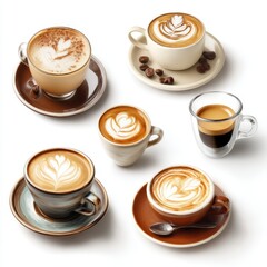 Assorted coffee drinks including latte cappuccino espresso and macchiato served in glass cups on white background