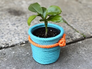 Close up of a plant in a blue rope vase with orange rope. 