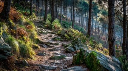 Fototapeta premium Rocky path winding through a dense sunlit forest