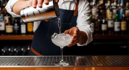 Bartender pouring a cocktail into a glass filled with ice, creating a refreshing and visually appealing drink at the bar