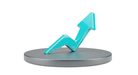 Turquoise 3D arrow icon showing an upward growth trend on a platform.