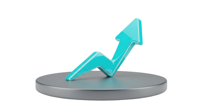 Turquoise 3D arrow icon showing an upward growth trend on a platform.