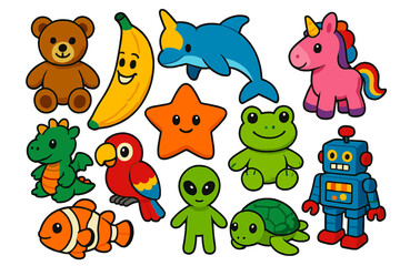 Obraz premium Carnival Plush Icons. Isometric vector illustration set Carnival Plush Prizes: teddy bear, giant banana plush, dolphin toy,