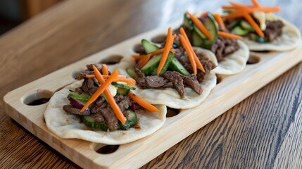 Close up of three Asian beef tacos with fresh toppings on tray.