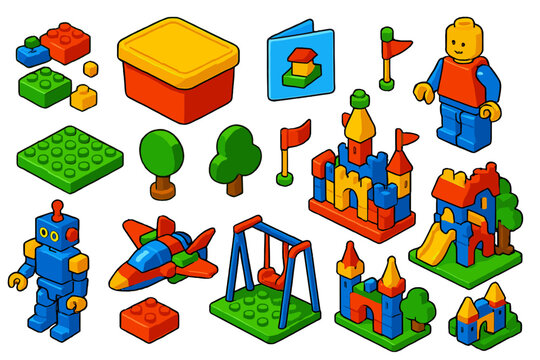 Creative Play Set. Isometric vector illustration set Creative Play: colorful bricks, storage box, instruction booklet, minifigure
