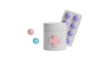 Medical pills and container with a pink cross symbol for healthcare.