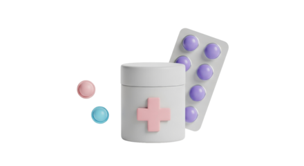 Medical pills and container with a pink cross symbol for healthcare.