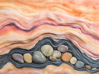 Abstract nature landscape with layered rock formations and smooth river stones backdrop