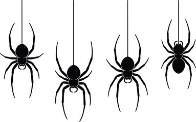 Spider silhouette vector set, hanging spiders on threads, black insect shapes, white background, Halloween decoration, creepy design, symmetrical posture illustration