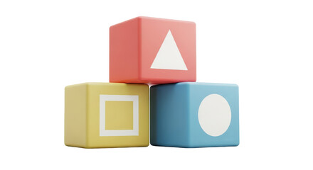 Three colorful toy blocks with geometric shapes stacked.