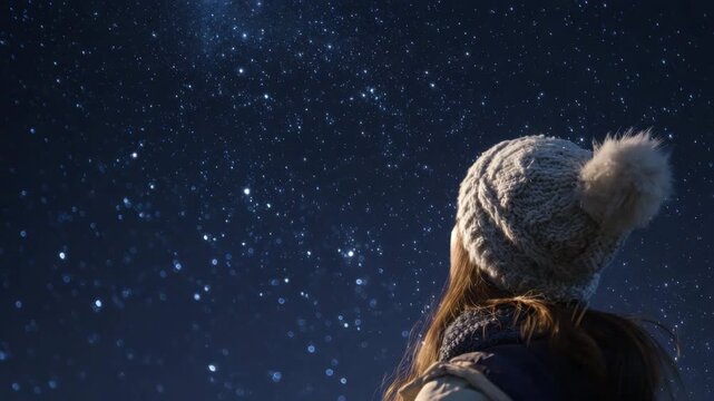 A girl gazes at the bright stars in the night sky, enjoying the beauty of the cosmos
