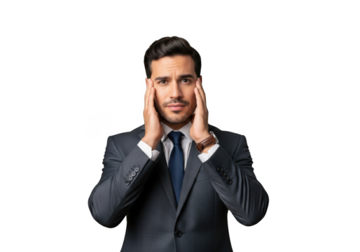 Stressed businessman in suit with hands on temples portrait image for presentations and designs isolated on transparent background
