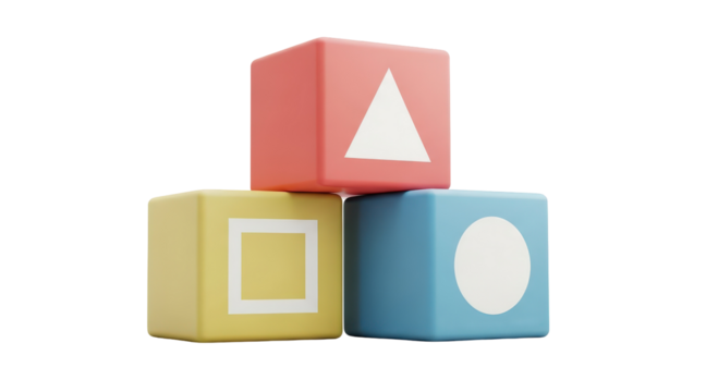 Three colorful toy blocks with geometric shapes stacked.