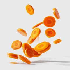Flying carrot slices in motion on light background, fresh vegetable composition closeup