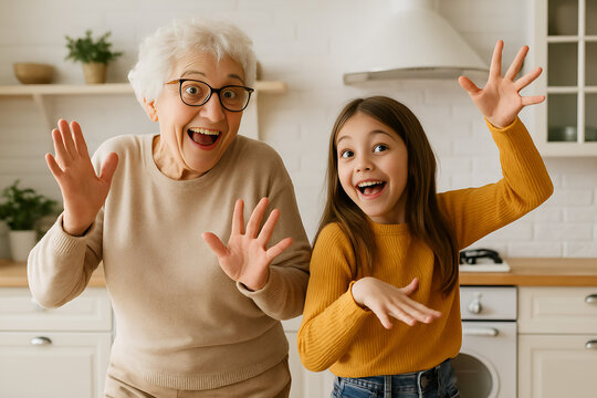 Grandmother and Granddaughter dancing funny Making Silly Faces and Gestures in a Bright Kitchen - Powered by Adobe
