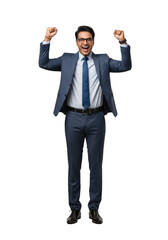 Fototapeta premium Excited businessman celebrating success with arms raised in blue suit, happy and smiling, full body portrait isolated on transparent background