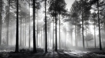 Fototapeta premium Forest scene captured in monochrome, showcasing a dense arrangement of tall, slender trees with visible trunks and foliage partially obscured by a hazy fog, creating a tranquil atmosphere, with...