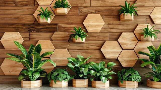 This space features a striking wooden wall adorned with hexagonal planters and various vibrant green plants, enhancing the environment