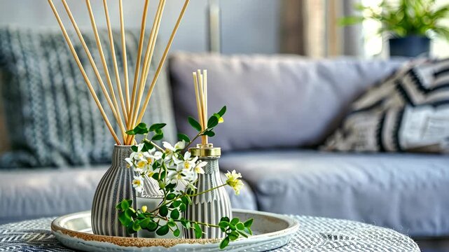 Discover creative ways to enhance your living room atmosphere with elegant diffusers and fresh decor in a stylish, comfortable space