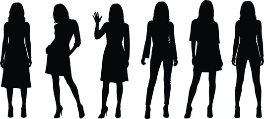 Stylized female silhouette illustration in varied poses and outfits, black and white vector design, fashion stance artwork, character modeling concept