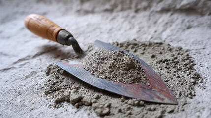 Cement mortar on trowel with wooden handle, powdery texture and construction dust creating gritty mood