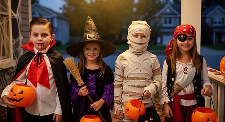 Fototapeta premium Children in Halloween Costumes Trick or Treating on a Spooky Evening.