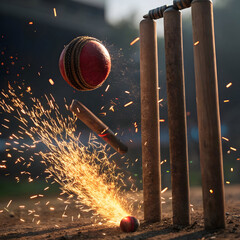 close up of cricket ball hitting stumps dramatic