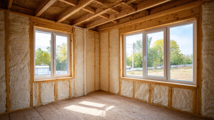 Insulated room under construction with spray foam insulation, wooden framing, sunlight through large windows creating warm atmosphere