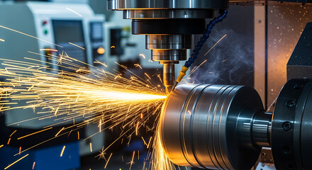 Metalworking Process Precision Cutting with Lathe Machine and Sparks, industrial operation