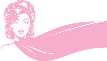 Stylized woman with voluminous hair and flowing cape, pink monochrome superhero theme, bold female figure, minimalist vector illustration, empowerment, motion, strength