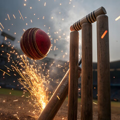 close up of cricket ball hitting stumps dramatic