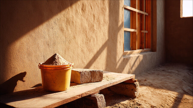 Sunlit construction interior with sand bucket and concrete block, warm textured wall and window casting shadows, rustic atmosphere