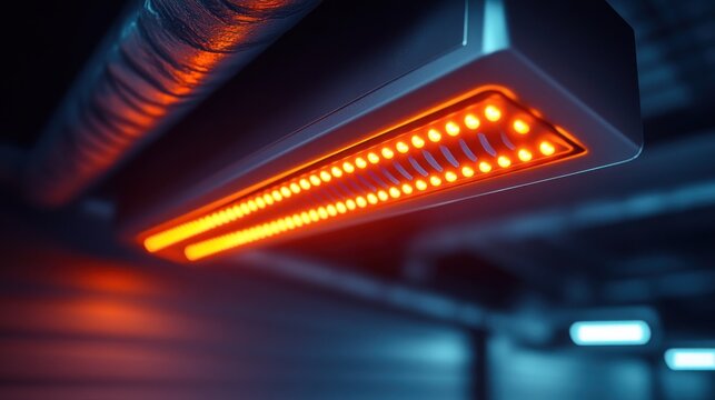 Low-angle shot of a rectangular LED strip with warm orange light - Powered by Adobe