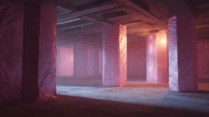 Pink insulated column warehouse interior with soft light and foggy atmosphere evoking quiet industrial calm