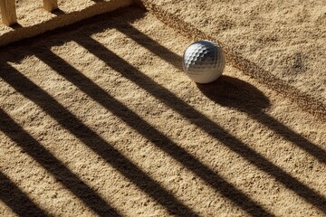 Golf ball in sand trap with rake lines, harsh shadows, bright sun, hyper-realistic composition