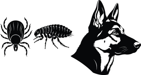 Tick and flea vector, dog head silhouette, pet parasite illustration, pest control concept, veterinary care, insect and arachnid graphic