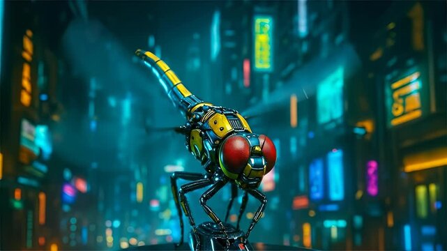 Macro Shot of a Cybernetic Dragonfly in a Futuristic Neon City