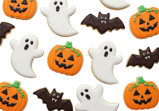 Cute and Spooky Halloween Cookies Pattern: Jack-o'-lanterns, Ghosts, and Bats on White Background