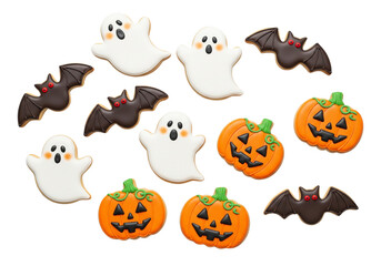 Spooky Fun Halloween Treats: Hand-decorated Ghost, Pumpkin & Bat Cookies Isolated on White