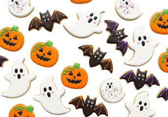 Sweet & Spooky Halloween Cookie Pattern: Adorable Ghost, Bat, and Jack-o'-Lantern Sugar Cookies on White Background