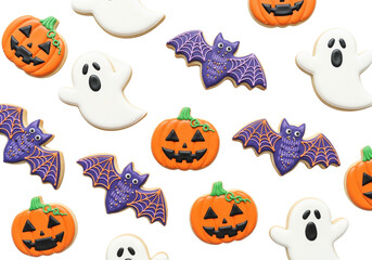 Delightful Halloween Treats: Frosted Jack-o'-lantern, Ghost, and Bat Sugar Cookies on White Background