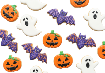 Delightful Halloween Treats: Frosted Jack-o'-lantern, Ghost, and Bat Sugar Cookies on White Background