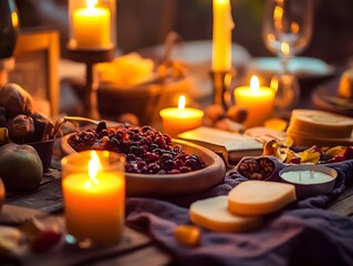 Cozy thanksgiving dinner scene with candles and food on wooden table