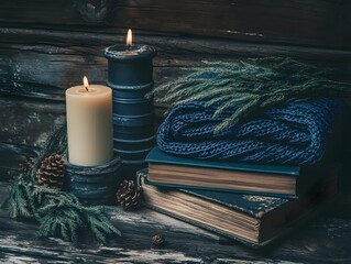 Cozy still life of candles, books, and knitted blanket for winter season.
