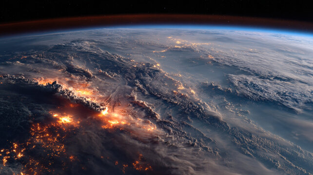 Massive Volcanic Eruption with Glowing Lava Flows on Earth Surface Viewed from Outer Space Orbit