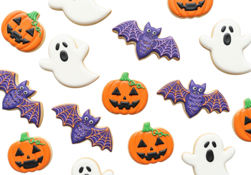 Delightful Halloween Treats: Frosted Jack-o'-lantern, Ghost, and Bat Sugar Cookies on White Background