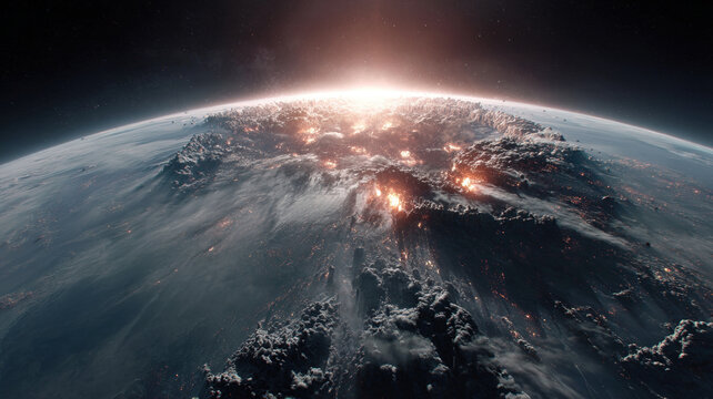 Massive Nuclear Explosion or Asteroid Impact on Earth Surface Viewed from Outer Space with Atmospheric Blast - Powered by Adobe